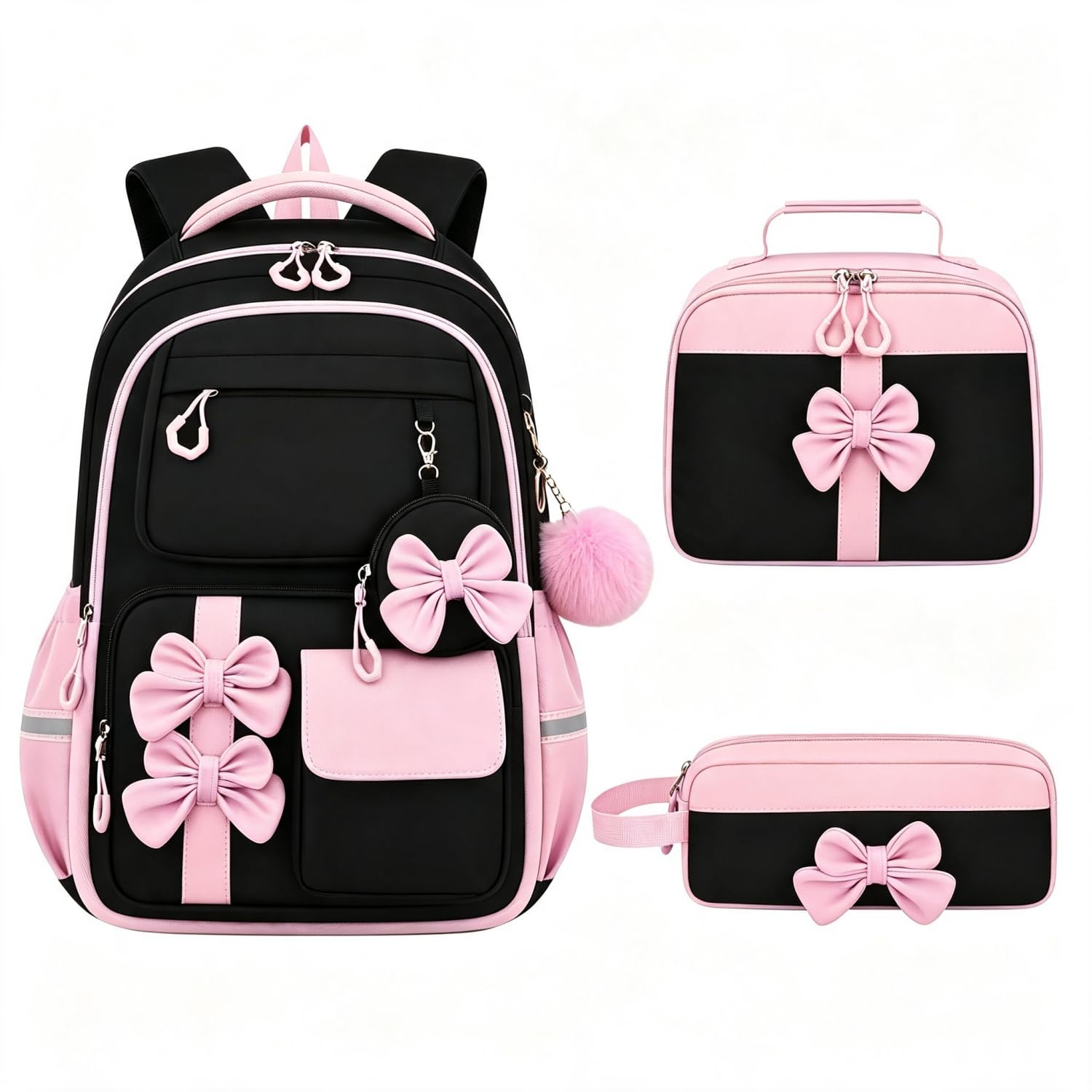 Generico Set Zaino Scuola Elementare Bambina, Adatto A Bambini Dai 6 Ai 12 Anni, Include Zaino, Borsa Portapranzo Astuccio; Caratterizzato Design Ergonomico; Leggero Resistente All'acqua (Nero Rosa)