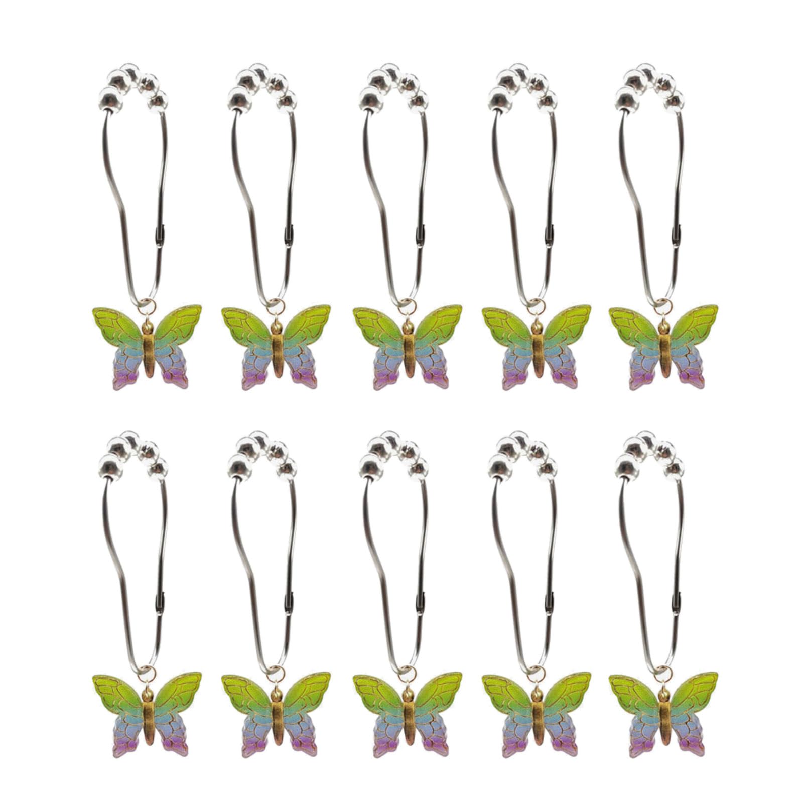 Tsophreniq 10Pcs Shower Curtain Rings with Colorful Acrylic Butterfly Pendant Rusts Resistant Metal Hooks for Bathroom Accessories Smooth Gliding Shower Hooks