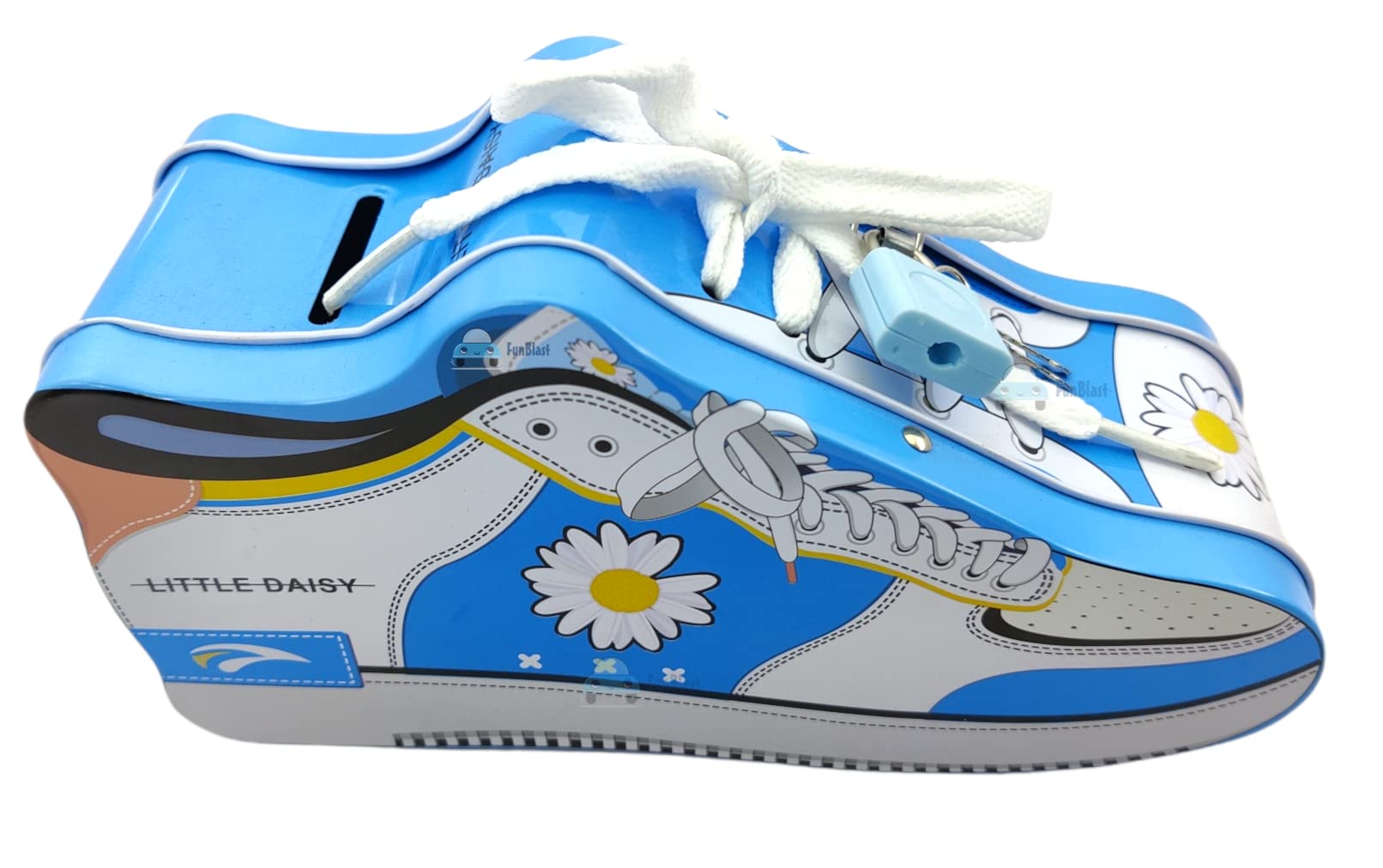 FunBlast Money Saving Tin Coin Bank With Lock And Key – Shoe Design Coin Box For Kids, Boys, Girls (Blue), Modern