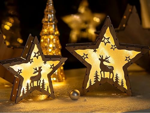 NUPTIO Decoración Navideña Estrella LED de Madera: con Temporizador Interior Alféizar de Ventana Juego de 2 Decoración Iluminada Arco Luces Renos Decoraciones Estrellas Madera Iluminación Regalos