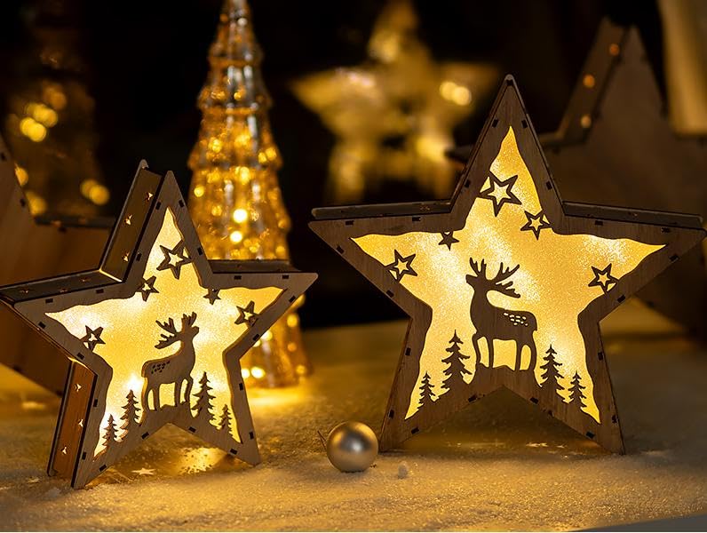 NUPTIO Weihnachtsdeko Holz LED Stern: mit Timer Innen Fensterbank 2er...