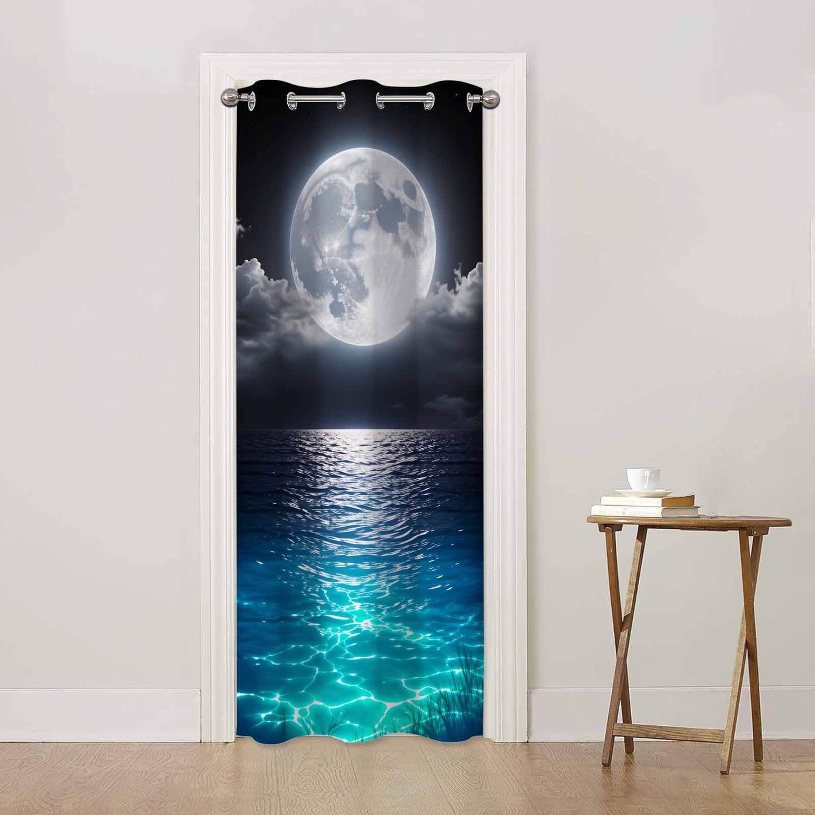 Haciadan Ocean Moon Doorway Curtains Romantic Scenic Sea Night Halloween Door Cover Curtain Books Closet Curtain Bedroom Living Room Closet, 1 Panel