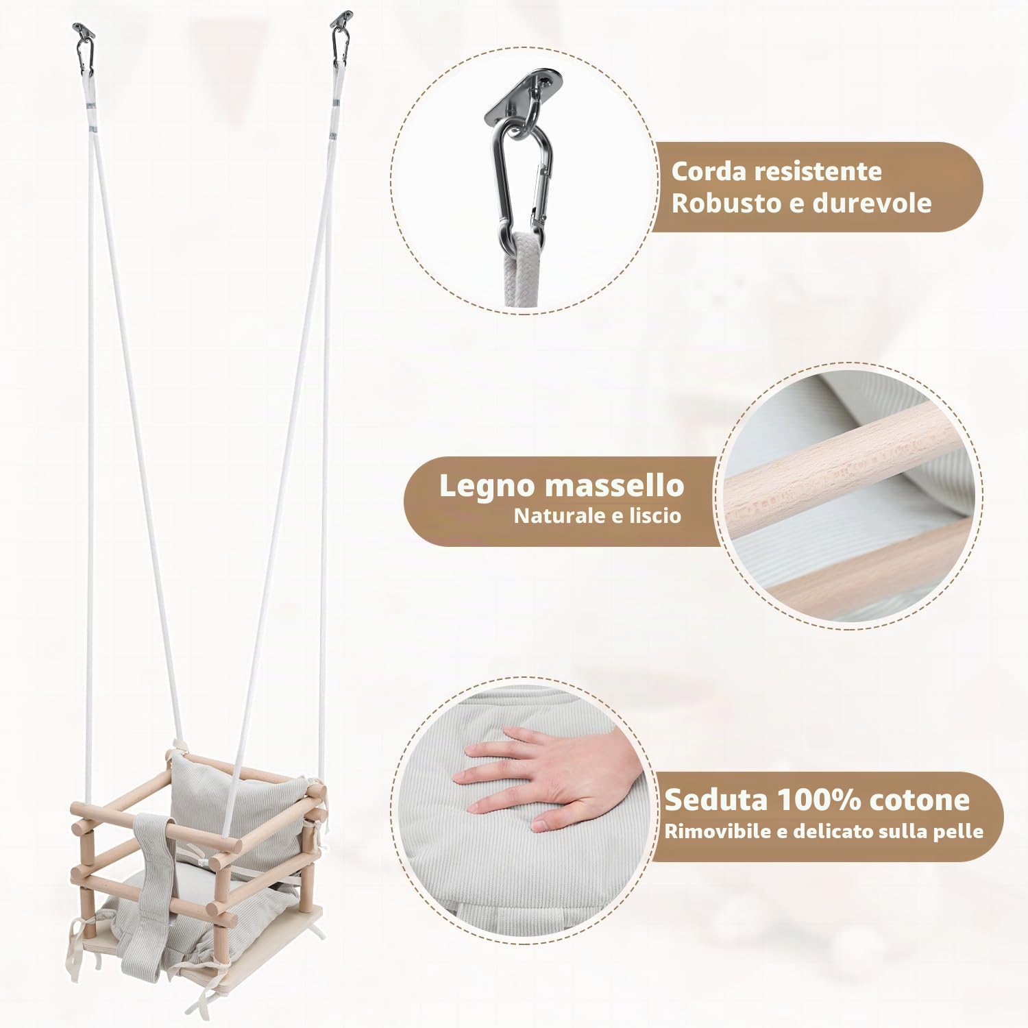 Altalena per Bambini Indoor & Altalena per Bambini Outdoor 3-in-1 in Legno, Regolabile in Altezza (160-260cm) con Cuscino Rimovibile, Per Giardino, Portata 50kg, Da 12 Mesi (Beige Chiaro)