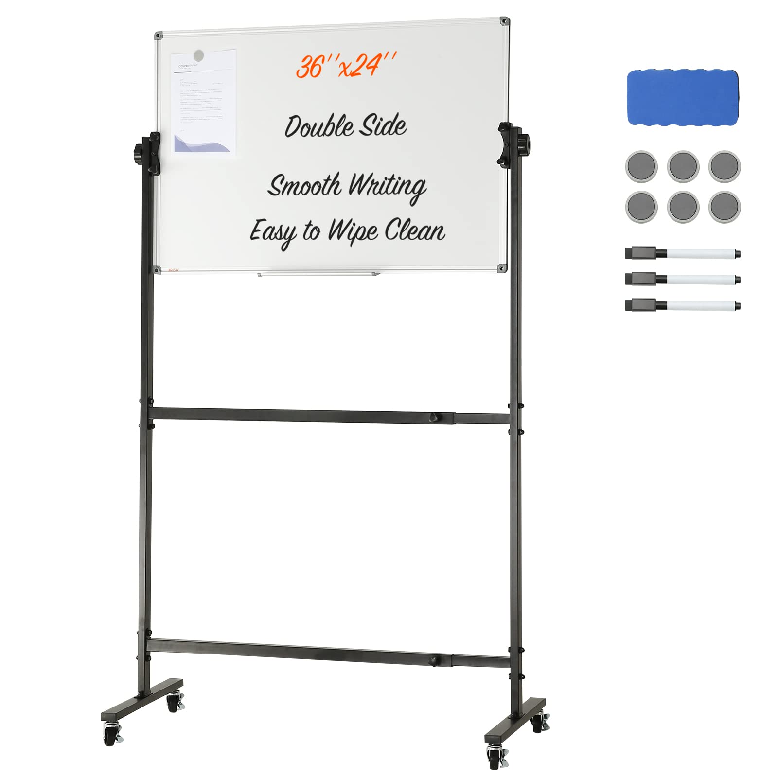VEVOR Rolling Magnetic Whiteboard, Double-Sided Mobile Whiteboard 36x24 Inches, 360° Reversible Adjustable Height Dry Erase Board with Wheels & Movable Tray for Office, School