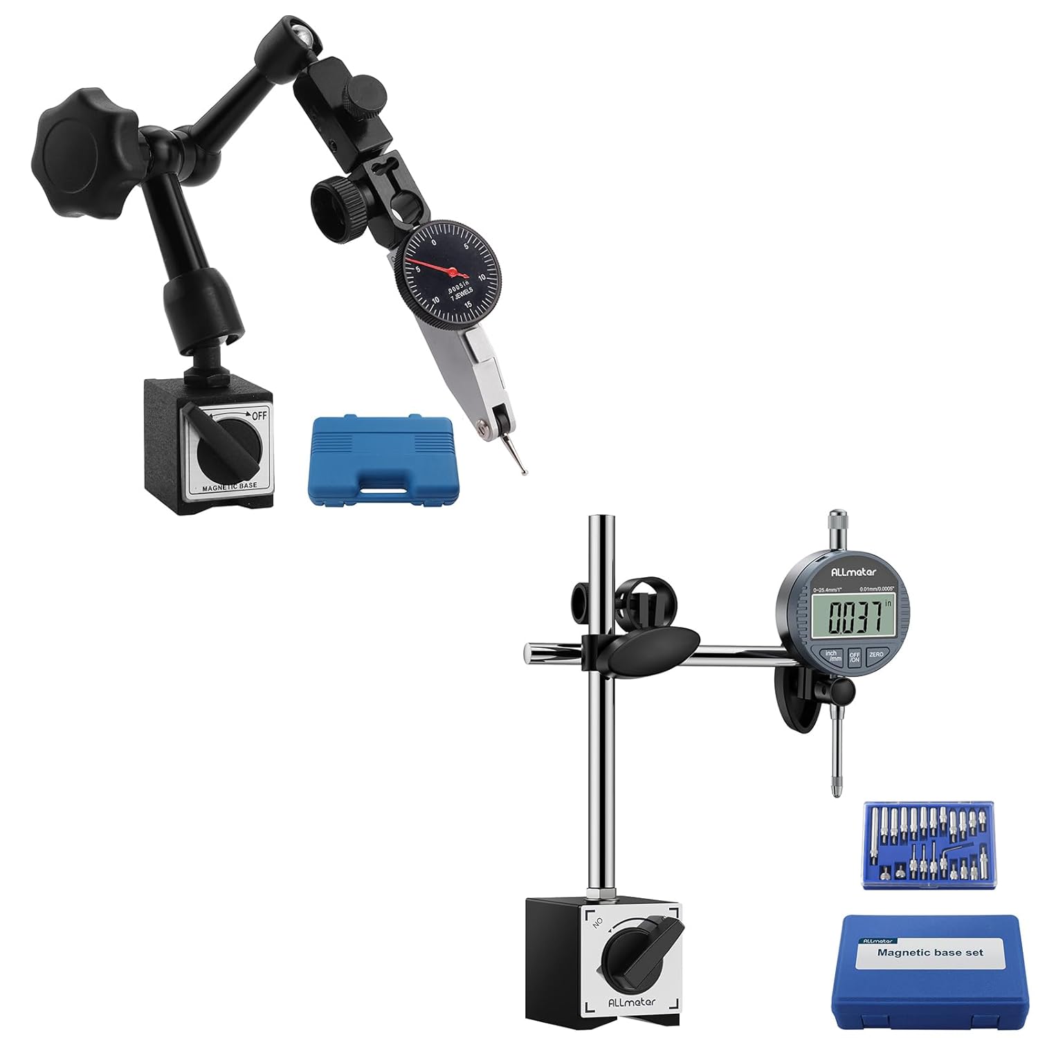 Dial Test Indicator with Magnetic Base + Digital Dial Indicator with Magnetic Base Set – 0.0005” Accuracy, 0-1 Inch Range, 22pcs Testing Tips, Ideal for 3D Printer, Lathe, Workshop, and Automotive Mea