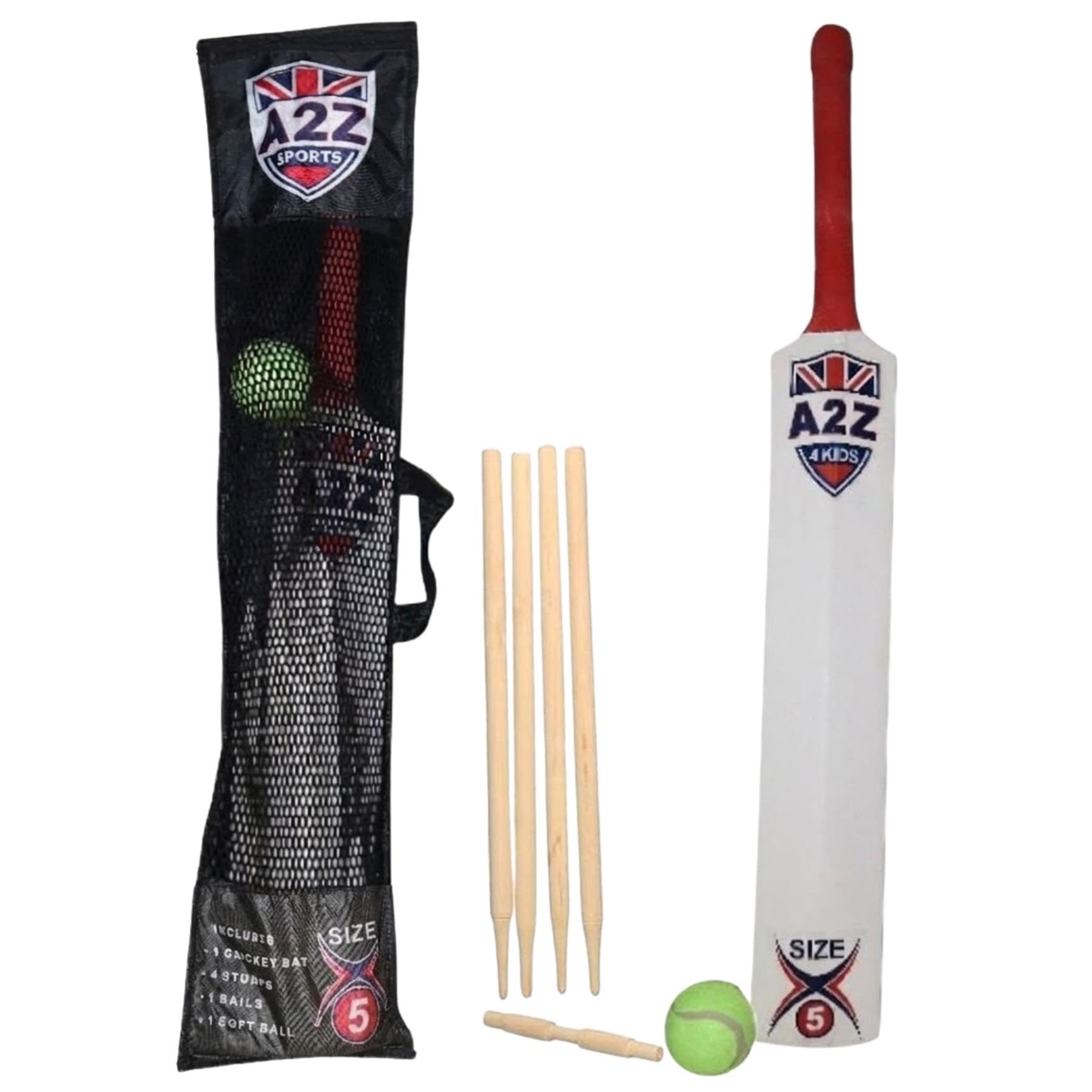 A2Z 4 Kids Cricket Set Rubber Grip Wooden Bat / 4 Stumps / Bails and Soft Ball - Cricket Set 5 Size