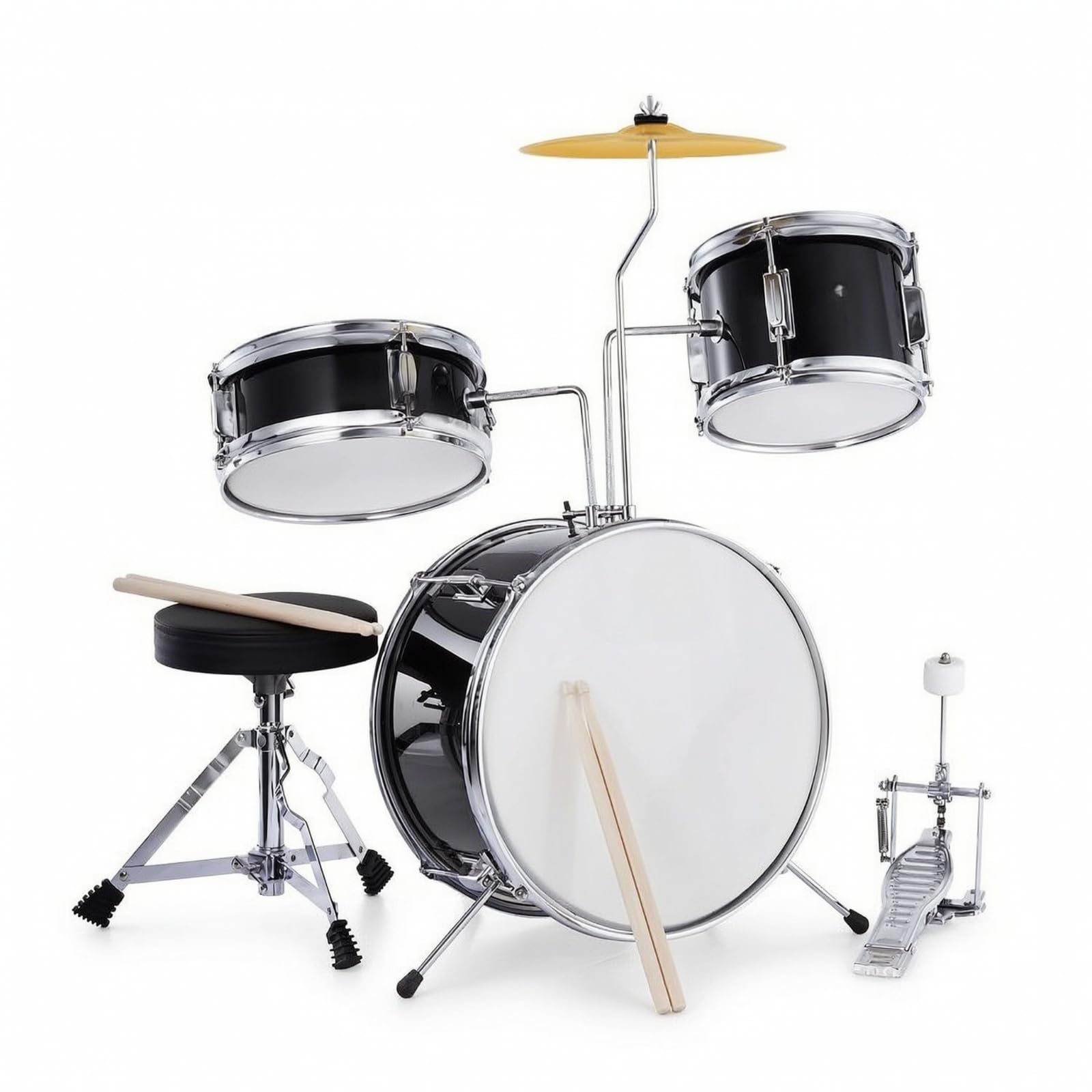 harayaa Batería Infantil Percusión Set Completo Bombo Platillo Taburete Construcción Robusta en Caoba con Pedal y Baquetas Adecuada para Aprendizaje Musical , Negro