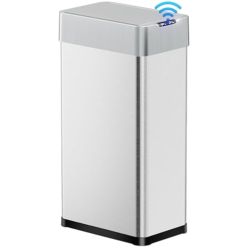 Miniatura 2 de TLSUNNY Basurero automático de 18.5 galones, de acero inoxidable, con sensor de movimiento, cubo de basura inteligente con tapa de mariposa, anillo