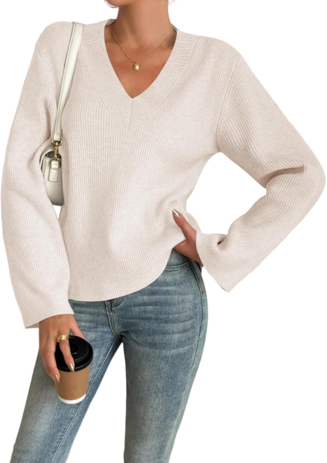 Yousify Womens V Neck Oversized Sweaters Long Sleeve Knit Pullover Trendy Casual Chunky Sweater - Image 6