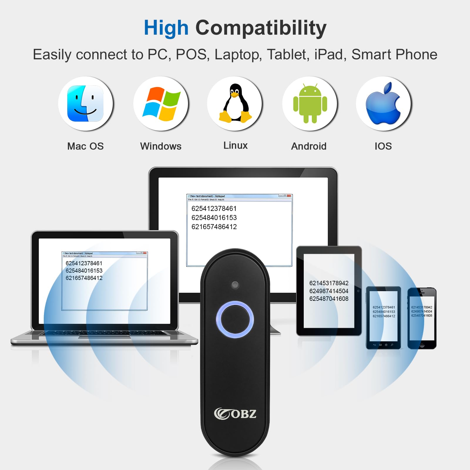 OBZ Mini Bluetooth Barcode Scanner Kabellos, 1D 2D Wireless QR Code Scanner 3-in-1 (USB/Bluetooth/2.4G), Offline Speicher, Kompatibel mit Phone Tablet POS, Tragbarer Handscanner für Lager Inventar