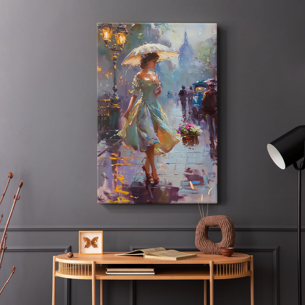 Renditions Gallery Canvas Artwork Home Decor Woman with Parasol Walking through Evening Busy Street Wall Decor Paintings & Prints for Bedroom Office Kitchen - 8" X 12" LT565 image 4