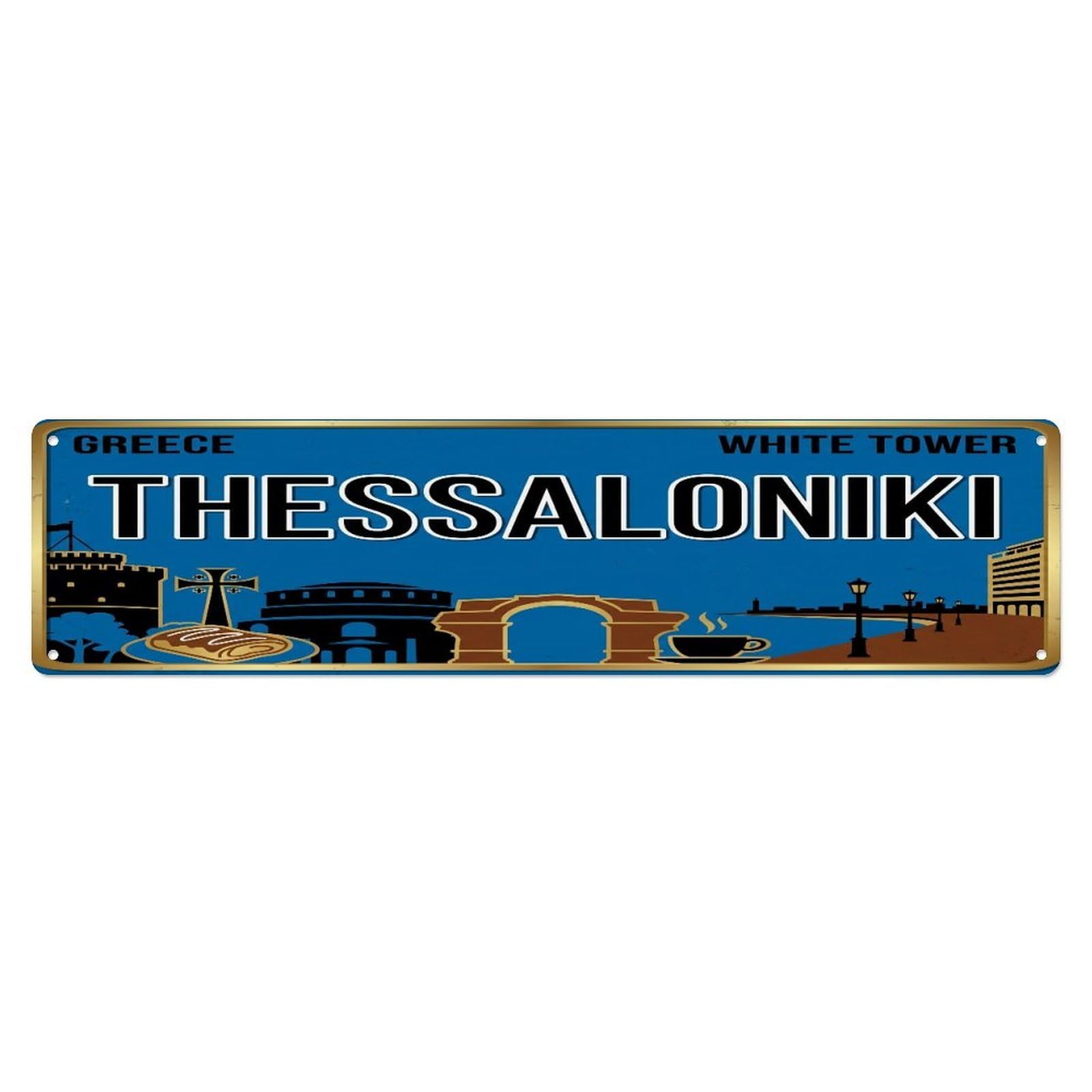 Metal Tin Sign Vintage Travel Thessaloniki Greece Tower Waterfront