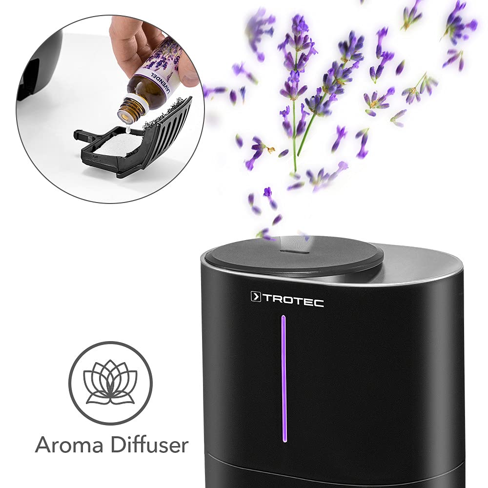 TROTEC Humidificateur B 2 E – Humidificateur ultrasonique avec diffuseur d'arômes – Pour pièces jusqu'à 30 m²/ 75 m³, purificateur d'air avec filtre à charbon actif