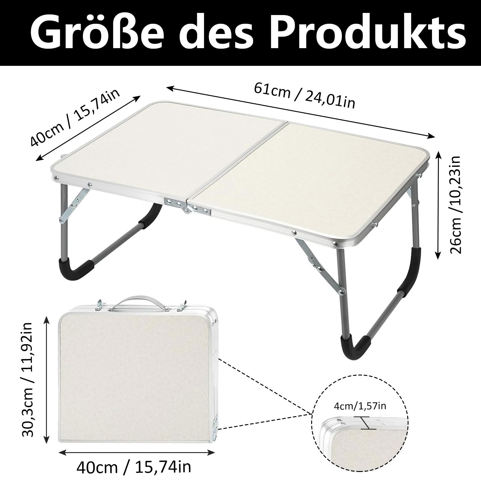 Kleiner Klapptisch, 61 x 40 x 26 cm Aluminium Laptoptisch Klappbar, Tragbar Betttablett Klappbar mit Griff, Campingtisch kleinklappbar, für Picknicks und Camping, Weiß