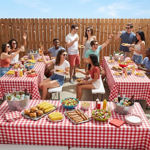 Image of sancua Checkered Vinyl Rectangle Tablecloth - 54 x 78 Inch - 100% Waterproof Oil Proof Spill Proof PVC Table Cloth, Wipe Clean Table Cover for Dining Tables, Buffet Parties and Camping, Red and White