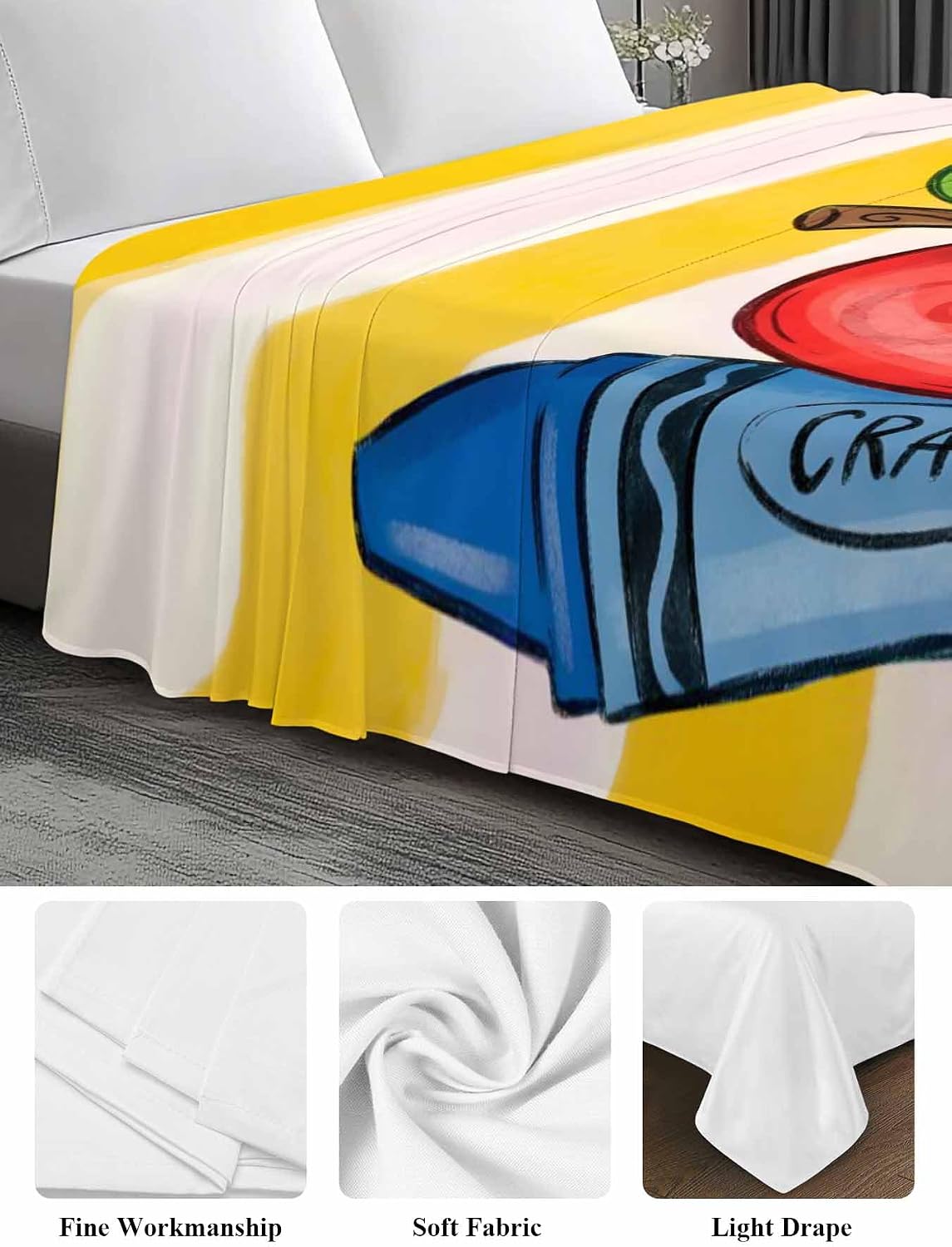 Full Flat Sheet, Children's Day Full Bed Sheets Only, Soft Microfiber Flat Sheet, Funny Cartoon Pencil Yellow Striped Hotel Quality Bedding Top Sheet Bedroom Home Dorm Decor