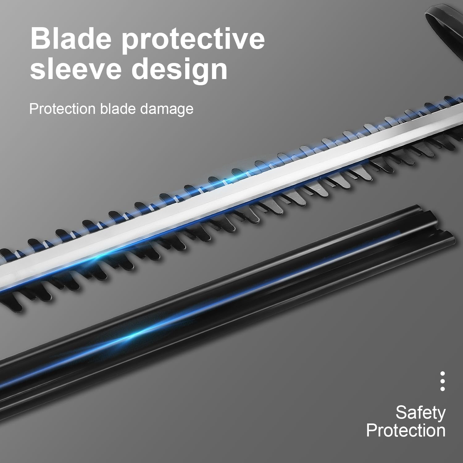 Close-up of the hedge trimmer blade showing the protective sleeve design.