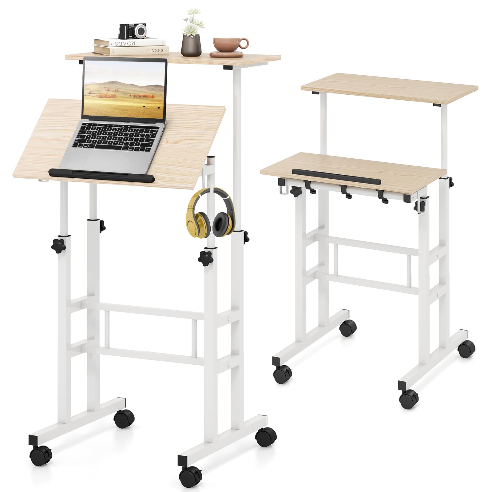 LIFEZEAL Scrivania Sit-Stand con Ruote, Scrivania Mobile per Computer con Ripiani, Tavolo da Studio con Struttura in Acciaio Regolabile in Altezza, per Ufficio, Camera da Letto e Soggiorno (naturale)