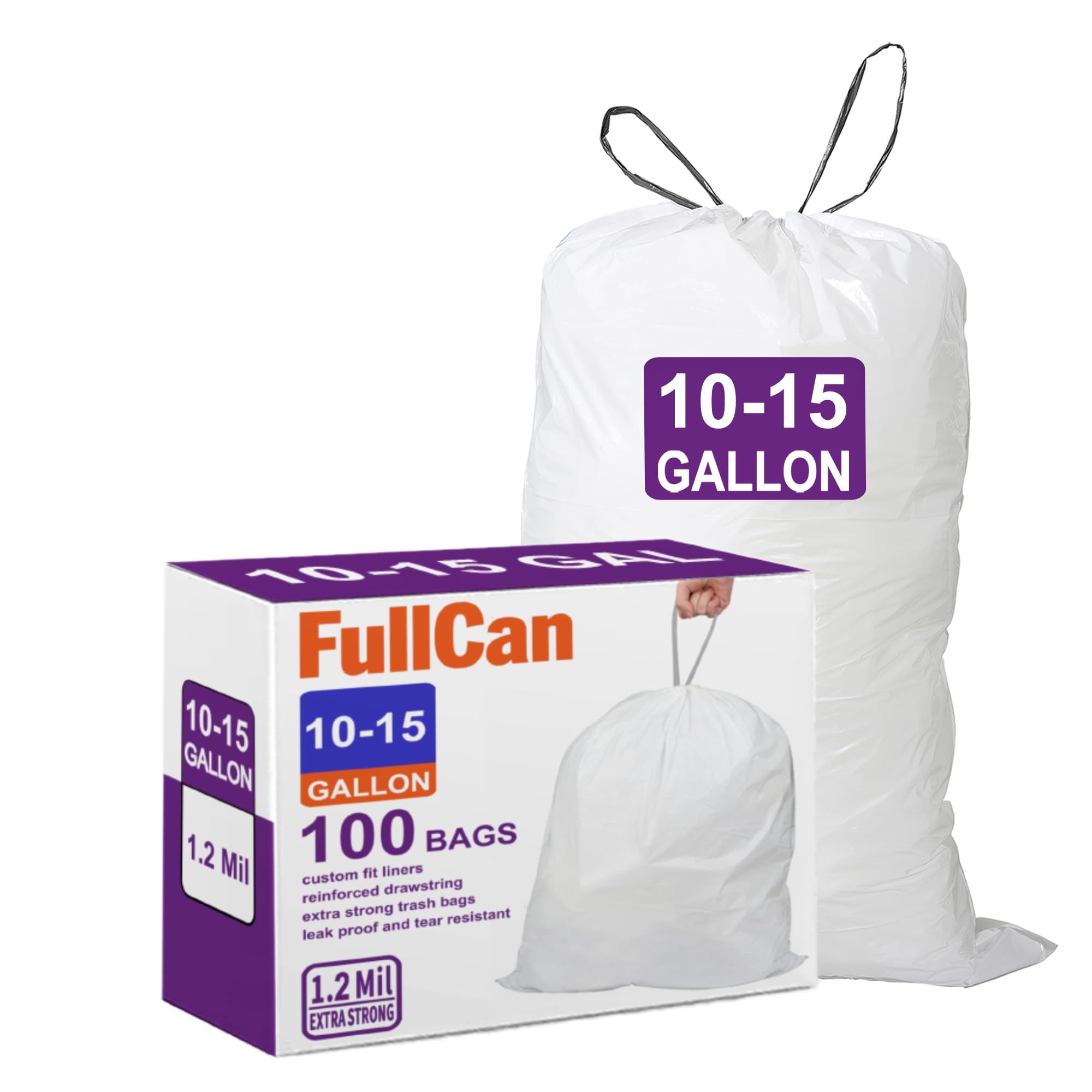 10-15 Gallon 100 Count Drawstring Trash Bags 1.2 MIL Heavy Duty Perfect Fit White 10, 13, 15 Gallon Garbage Liners PERFECT FIT &amp; GRAND SAVE!