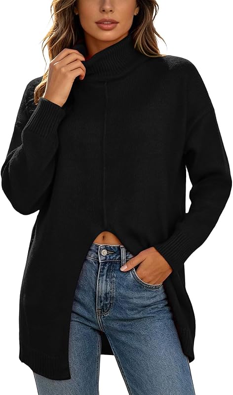 Women Turtleneck Sweaters Front Slit Pullover Tops 2026 Fall