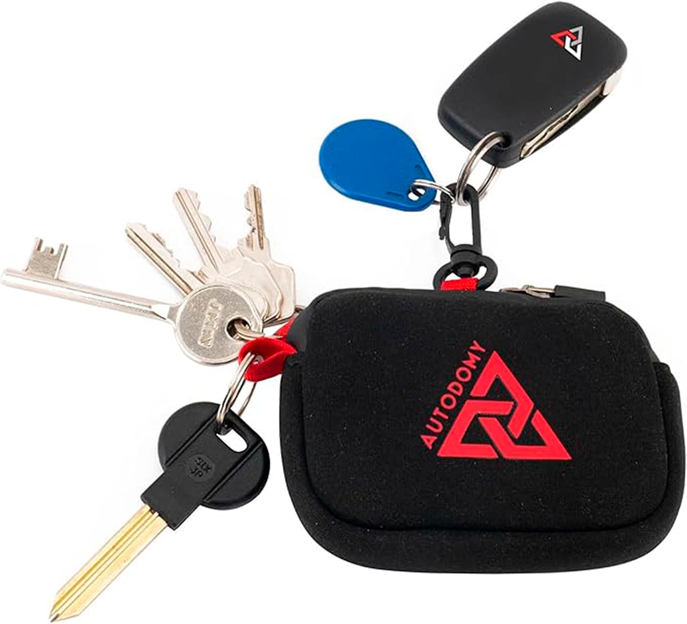 Autodomy Llavero para Moto es Impermeable | Estuche Llavero de Neopreno Negro y Rojo para Llaves Moto | Monedero Premium con Anilla Interior, Exterior y Mosquetón