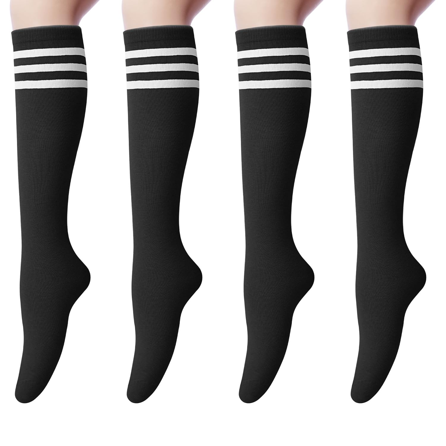 Senker Fashion Knee High Socks for Women, Cotton White Long Tube Sock Black Stockings Striped for Boot Outdoor Sport