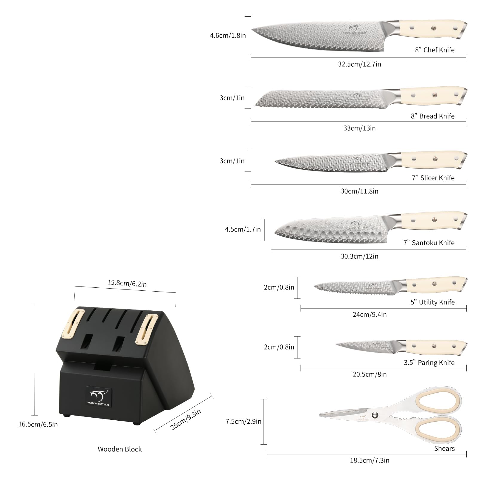 NANFANG BROTHERS Kochmesser Set 10 PCs Damaszener mit Block | VG 10-Kern Stahl, ABS Ergonomischer Griff, Disconnect-Type Messerblock, Küchenmesser Set