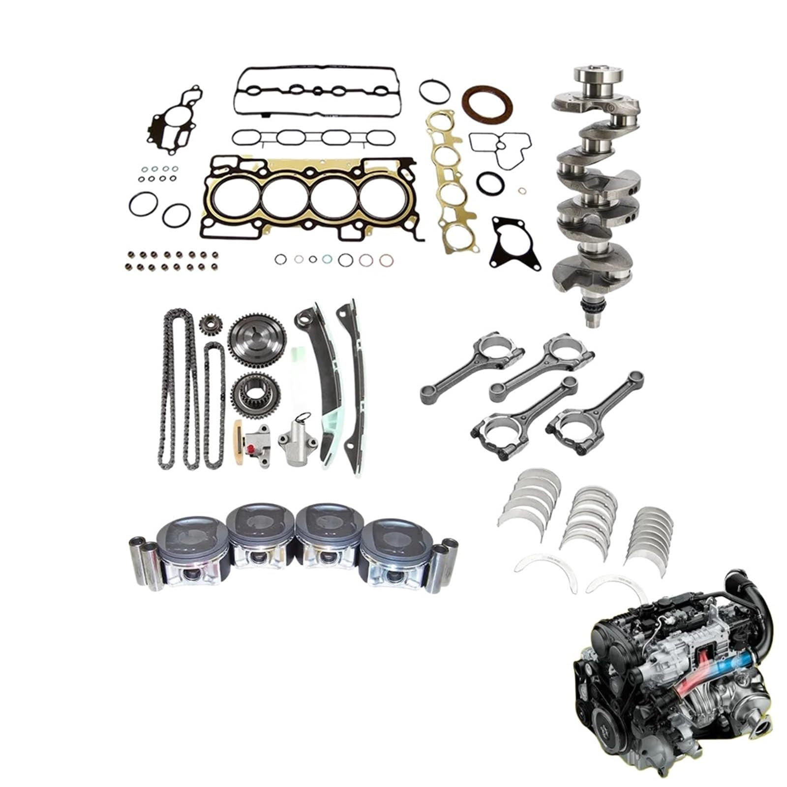 Engine Parts Rebuild Gasket Crankshaft Con Rod Bearing Timing Chain Kit Fit 2.0 L L4 Gas MR20DE Compatible For 07-12 Nissan Sentra 2.0L