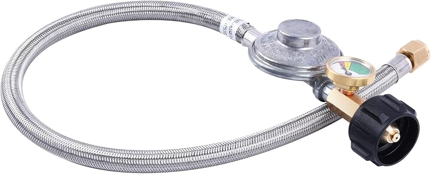 2 Feet Propane Regulator Hose with Gauge, Stainless Braided Hose for Most LP Grill Heater and Fire Pit Table, 3/8 Female Flare Fitting 2 FT