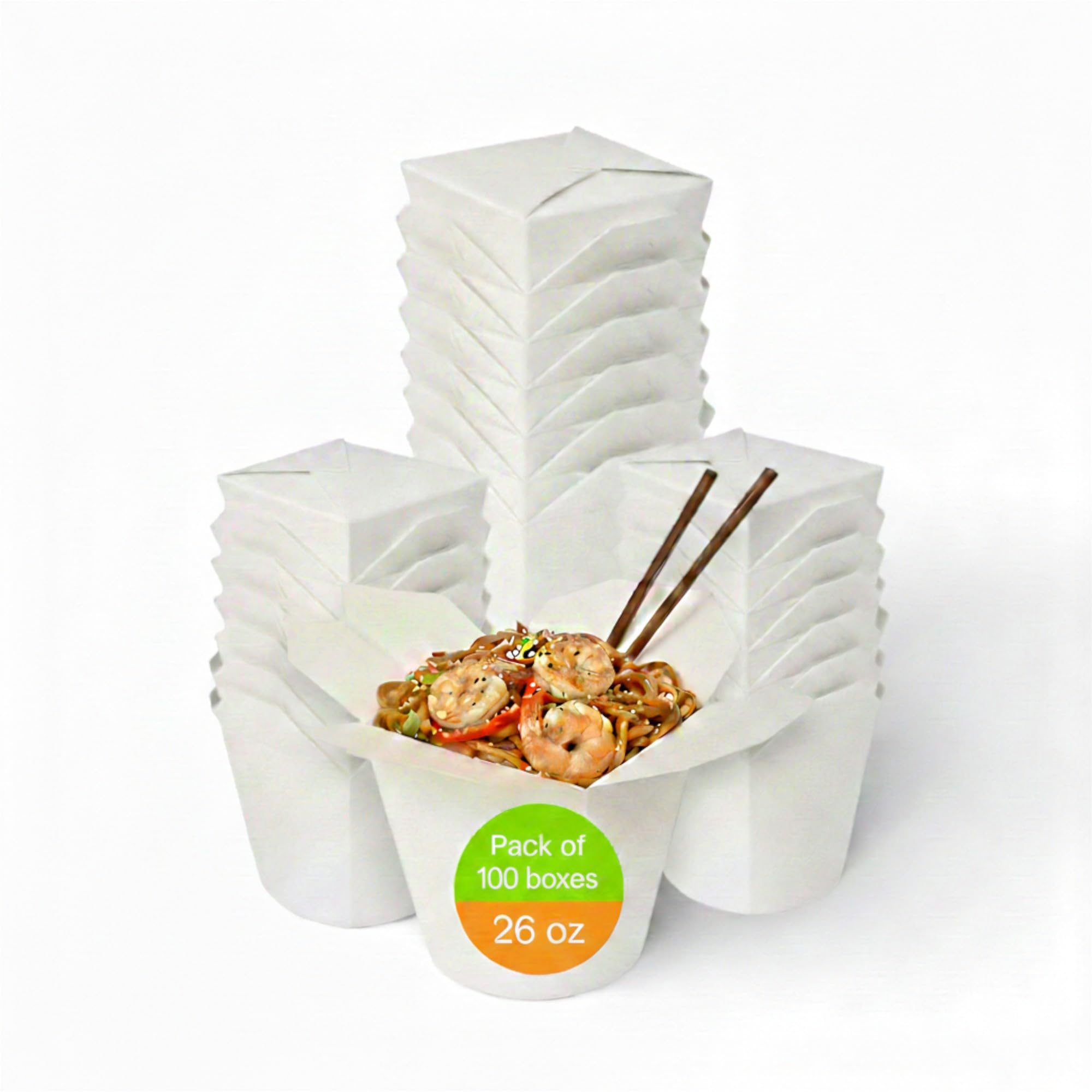 100 X 26oz (750ml) White Round Noodle Boxes | Disposable Takeaway Food Containers for Chinese, Asian Cuisine, Pasta & Rice | Leakproof, Microwavable, Grease-Resistant Paper Food Pots