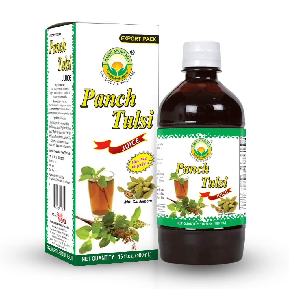 BASIC AYURVEDA Panch Tulsi (Holy Basil) Juice | Liquid Extract of 5 Rare Types of Tulsi Leaves | Natural Ayurvedic Syrup for Immune System | 16.23 Fl Oz/480ml