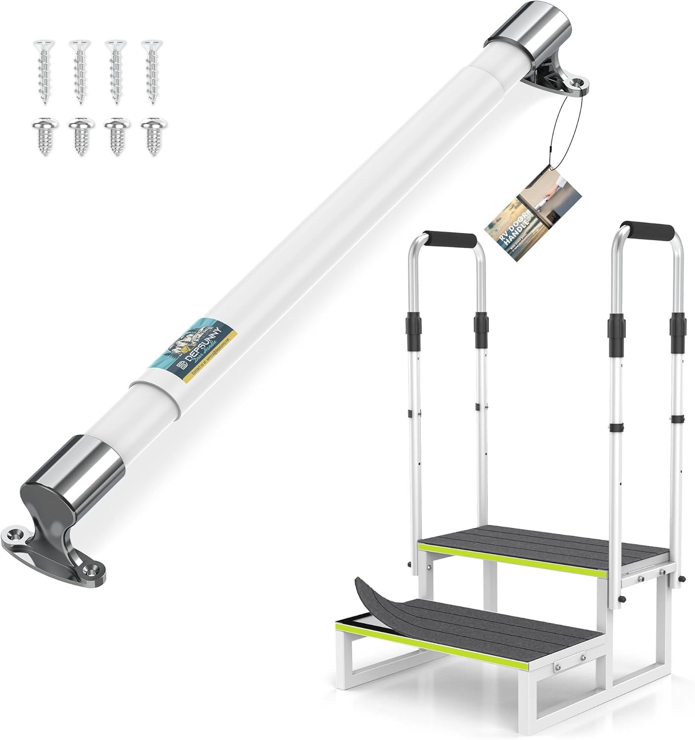 RV Screen Door Handle Cross Bar Adjustable from 21.7" to 33",RV Step Stool with Handrails, 2 Step Stool with 2 Handrails