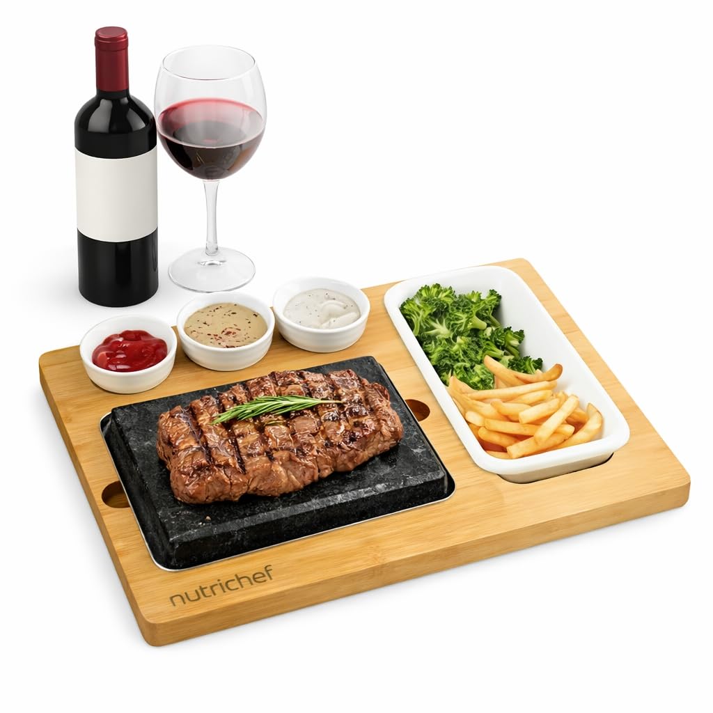 NutriChef Heißer Stein Grillplatte – Tischgrill-Set mit Bambus und Keramik Ideal für Steak und Dinner - Natürliches Granit-Kochset - Servierplatte mit Saucenschälchen