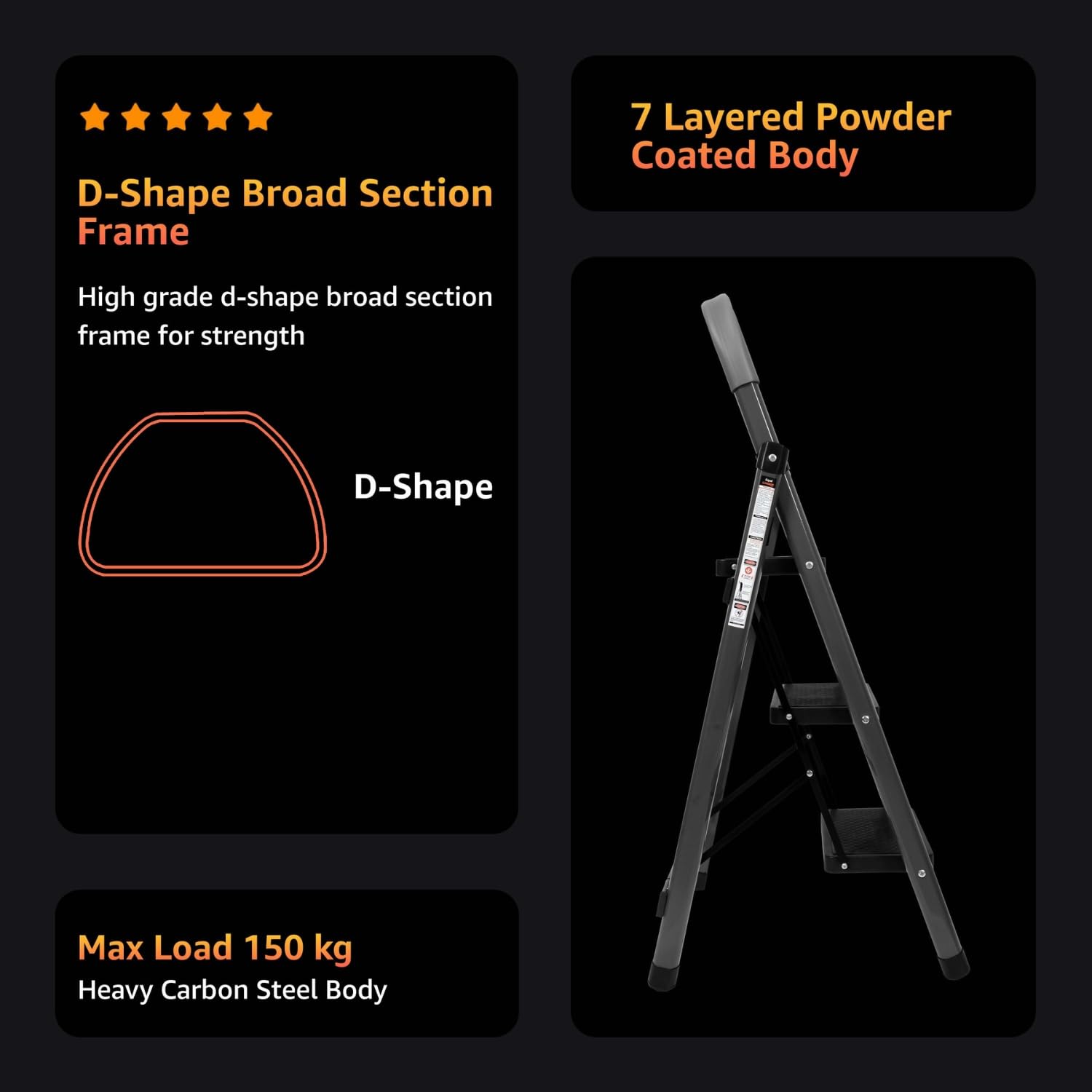 Equal 3-Step Ladder for Home | Carbon-Series Steel Folding Step Ladder with Wide Anti-Skid Steps | 5 Years Limited Warranty | 3 Step - Grey 2