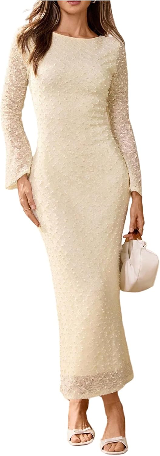 Floerns Women's Elegant Swiss Dots Bell Sleeve Fishtail Midi Dress Wedding Guess Dresses
