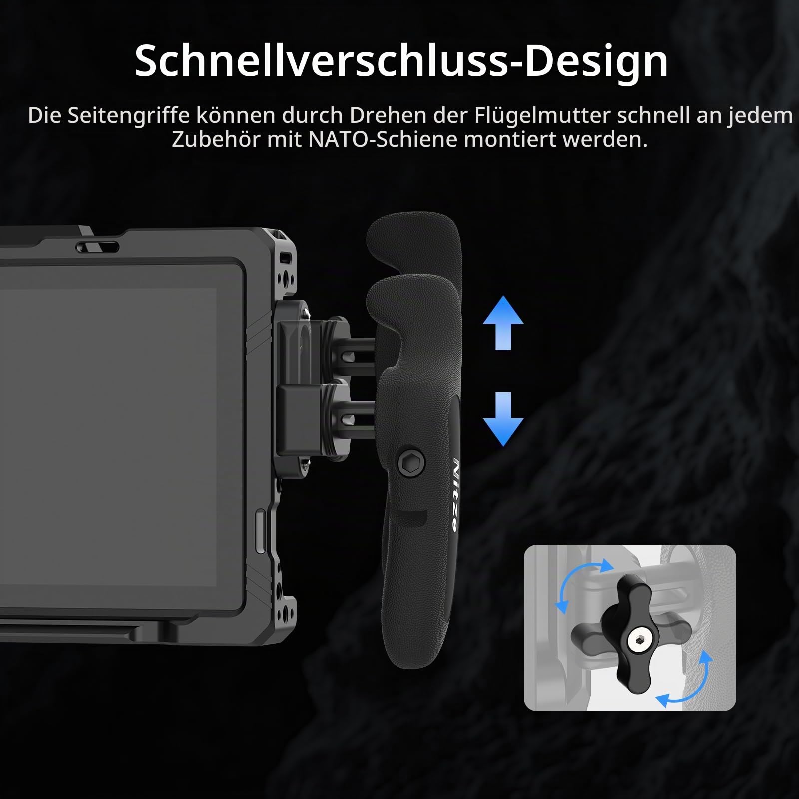 Nitze Side Handle with NATO Clamp, Kamera Seitengriff NATO 360° Drehbar für Links- und Rechtshänder, Kompatibel mit Smartphone, iPad und Monitorkäfig – PA32C