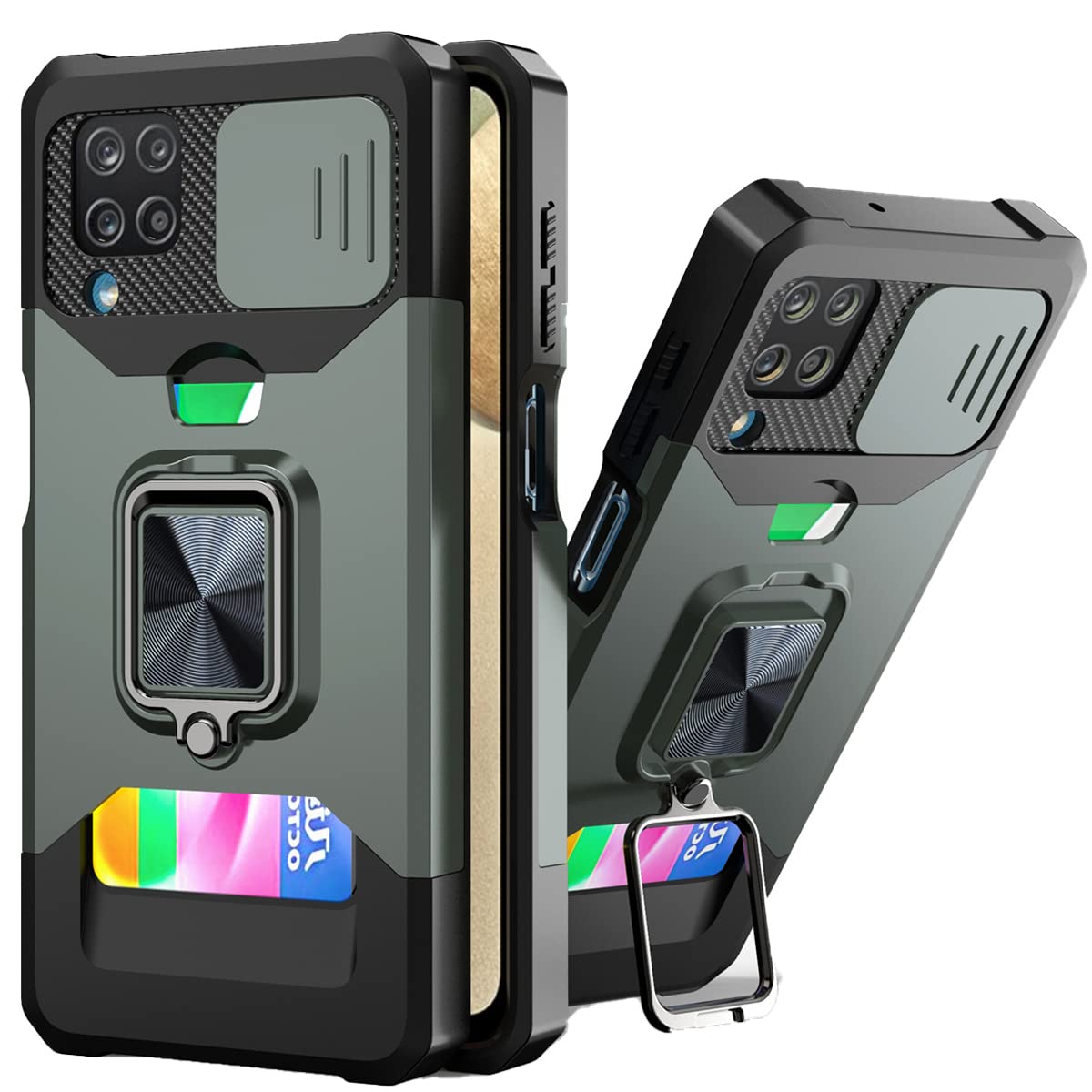 YsnzaqCompatible with Samsung Galaxy A42 5G Case with Card Cover, Military Grade Protective Hard Bumper Cover with Ring Holder Shockproof Camera Case for Samsung Galaxy A42 5G. YTC Green