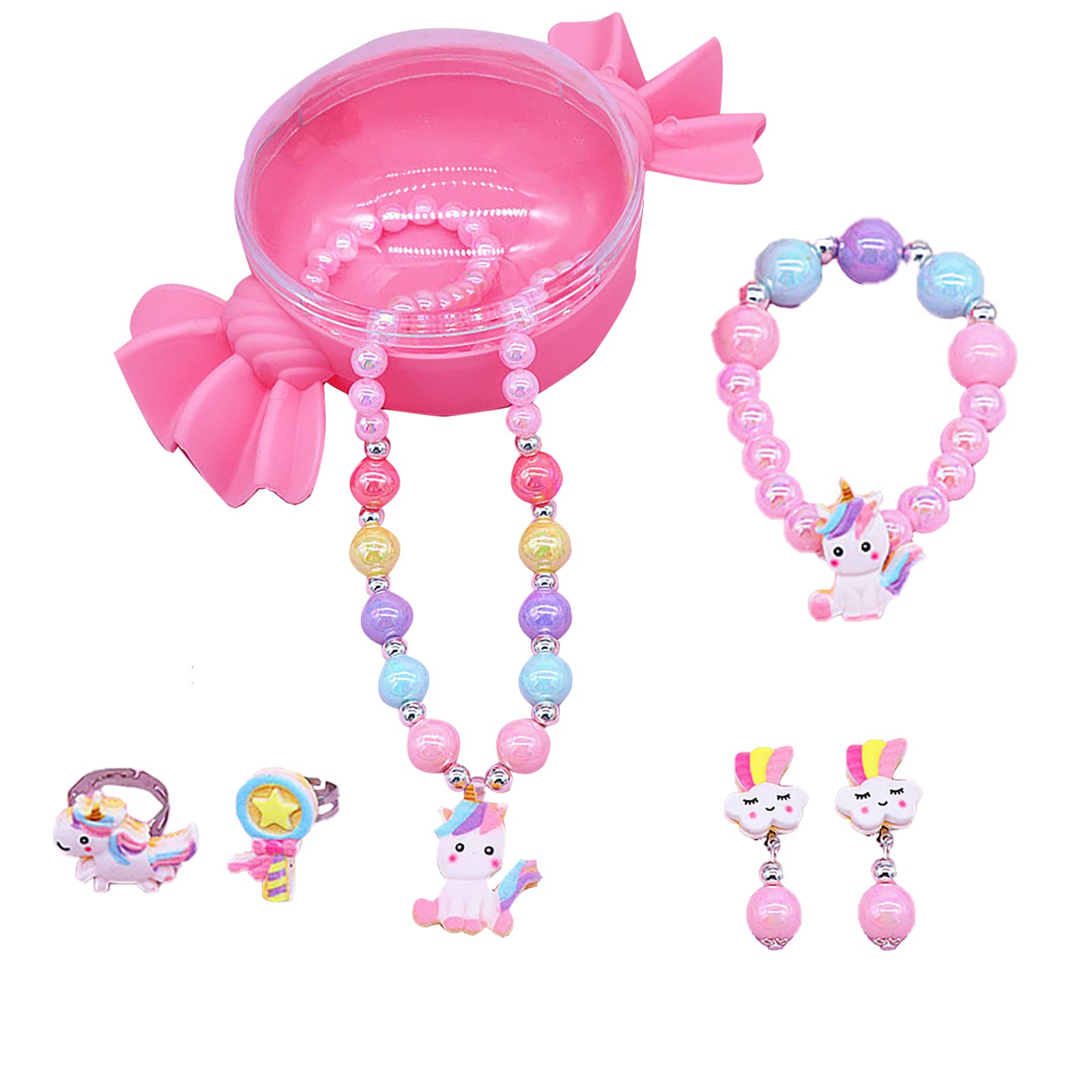 6 PCS Girls Necklaces Bracelets and Rings Earrings Set Unicorn Jewelry for Teen Girls Adjustable Party Favors Pretend Dress Up Play Jewelry