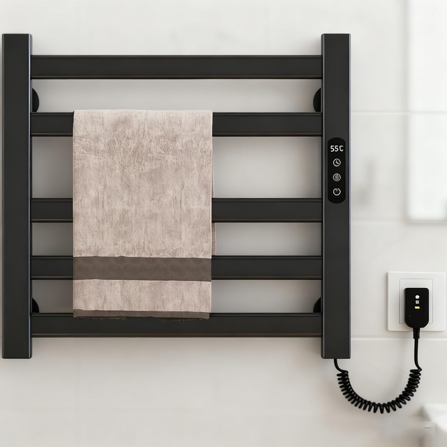 Wall Mounted Heated Towel Rack Waterproof IPX5 Adjustable 30-70℃ Temperature Control Timer Function Perfect for Home Bathroom Comfort and Luxury
