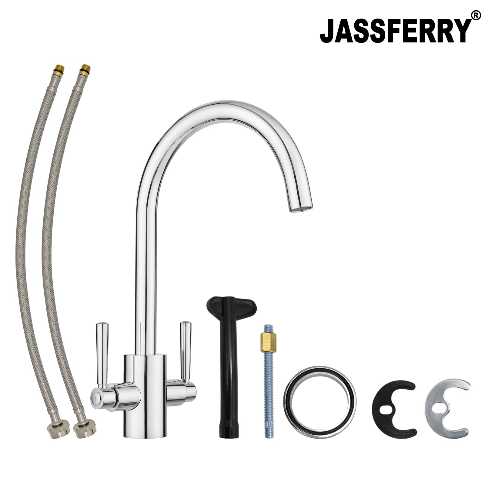JASSFERRY - Grifo Monomando para Fregadero de Cocina Hogar y Cocina (dos asas, cuello de cisne, redondo, cromado pulido)