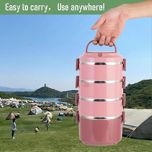 Miniatura 6 de SANQIAHOME Lonchera apilable de acero inoxidable de 4 niveles sellada (rosa, 4 capas) con cuchara y tenedor