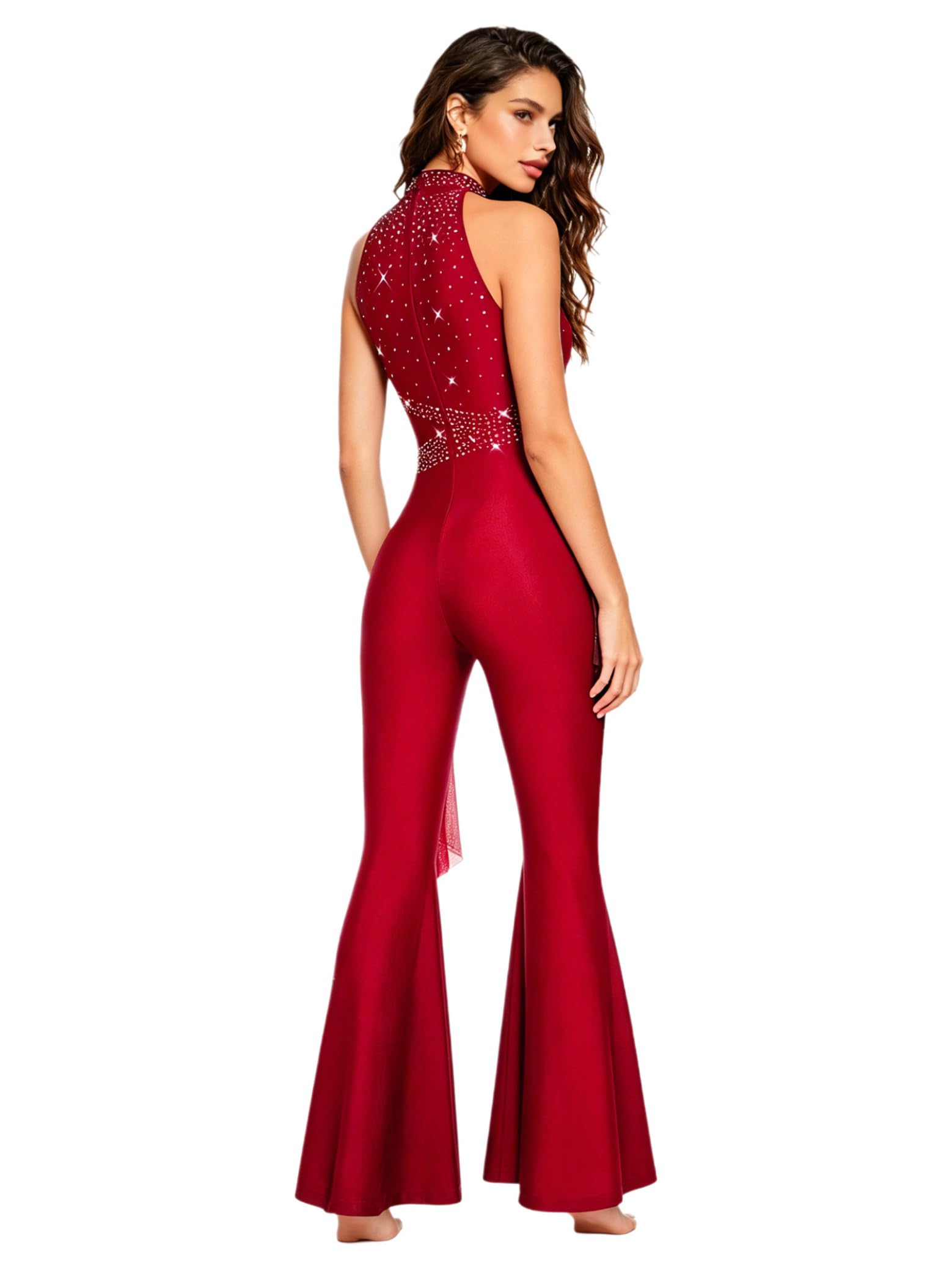 Costume Ginnastica Donna Tutto Corpo Tuta Acrobazia Lungo Senza Maniche Con Strass E Glitter Tuta Ballo Pantalone Largo Jumpsuit Costume Pattinaggio