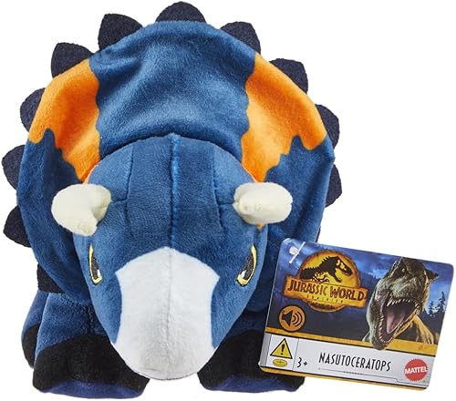 Miniatura 5 de Dinosaurio Nasutoceratops de peluche inspirado en el dominio del mundo jurásico  Hace un sonido rugido de dinosaurio  Azul y naranja