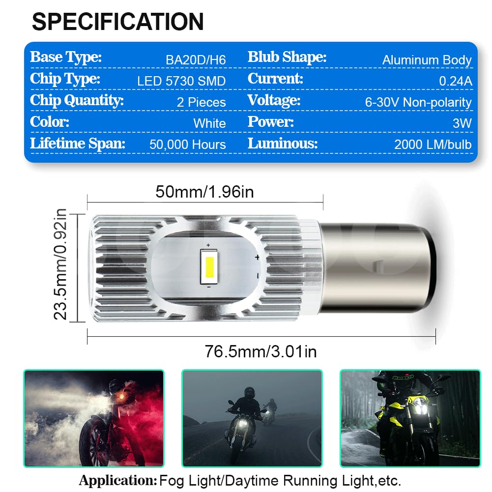 SOFOC S2 BA20D Lampadina LED per Faro Moto/Auto Bianco Freddo 6500K 6V 12V 24V Compatibile con 6-30V AC/DC 2000LM 300% Più Luminosa dell'Alogena Anabbagliante/Abbagliante 2SMD 1pcs