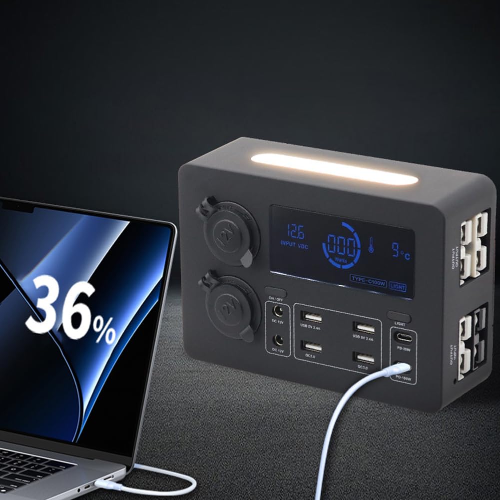 Skrzynka zasilająca z wyświetlaczem LCD 12 V 100 W z diodami LED, przenośny koncentrator sterowania, złącza USB C i QC3.0, mini skrzynka rozdzielcza zasilania do samochodów kempingowych