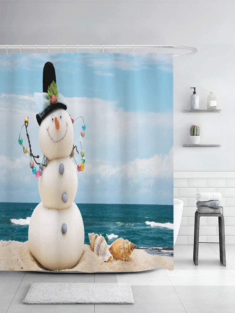 Sonernt Snowman Shower Curtain Winter Vacation Holiday Theme Snowman with Seashells Sitting on Sandy Beach Waterproof Shower Curtain Set with 12 Hooks