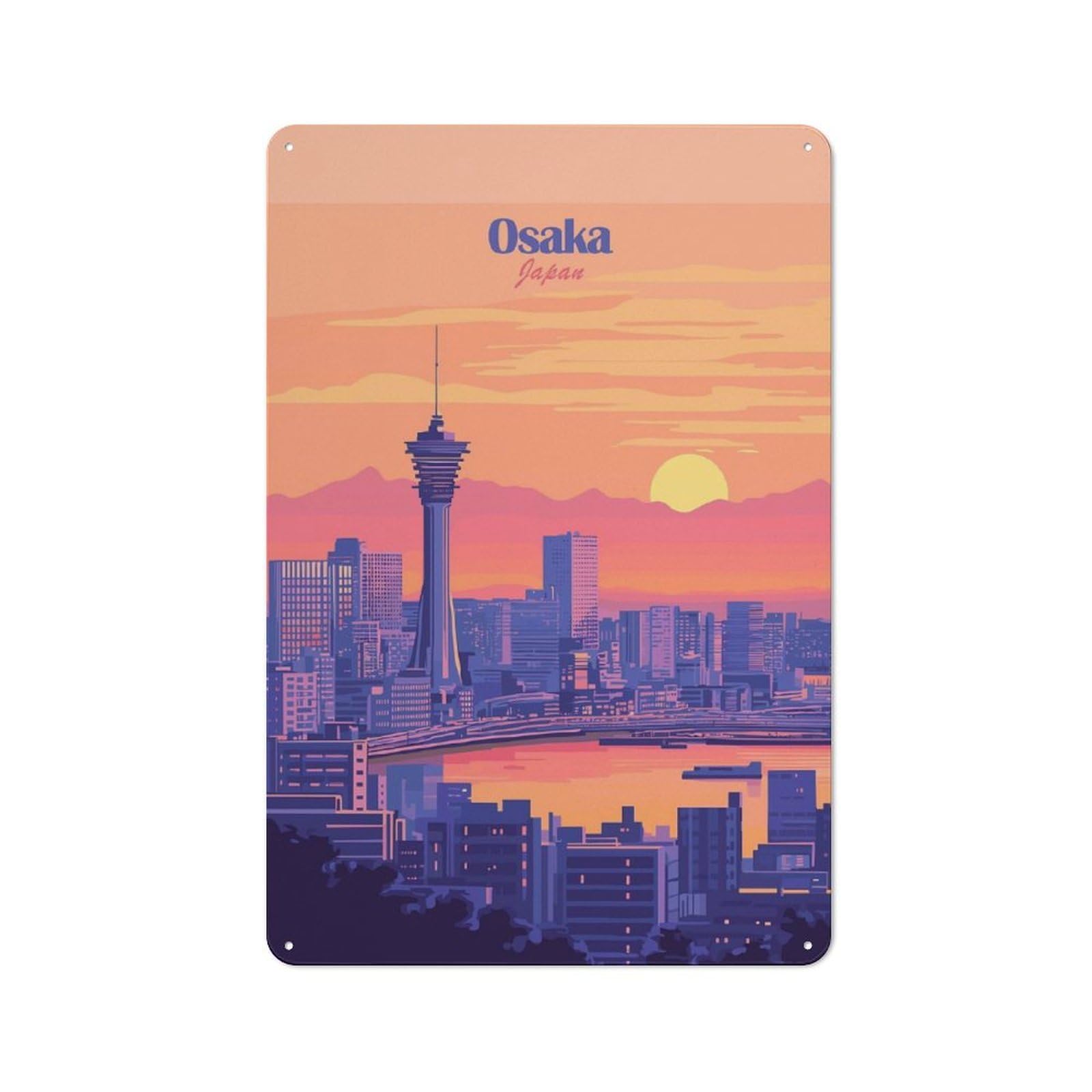 Garage Style Osaka Skyline Sunset Decorative Metal Plaque 30x20cm, Garage Wall Decor for Workshop, Basement, Shed Or Games Room