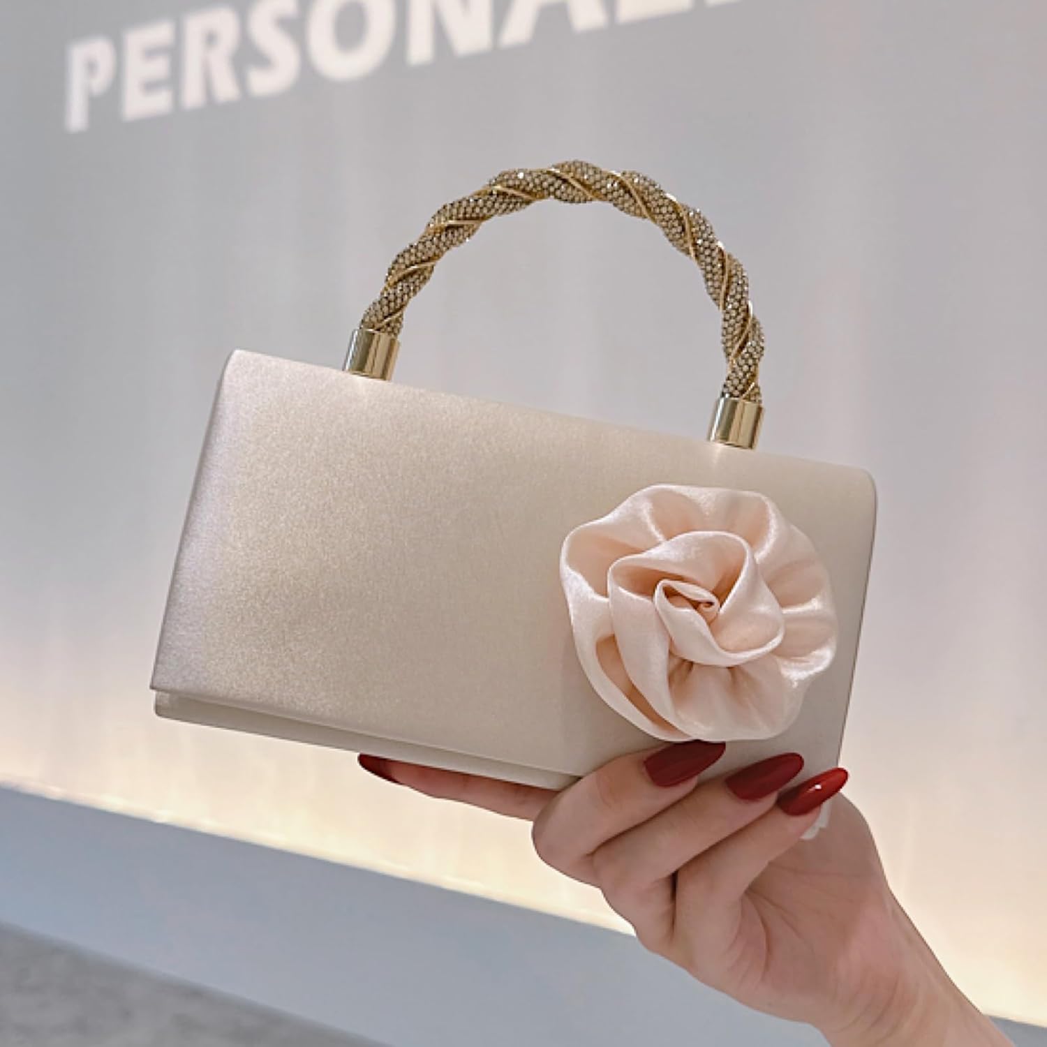 Beige Satin Clutch Purse for Women, 3D Rose Flower Wedding Formal Handbag Rhinestone Braided Top Handle Evening Bag - Image 3