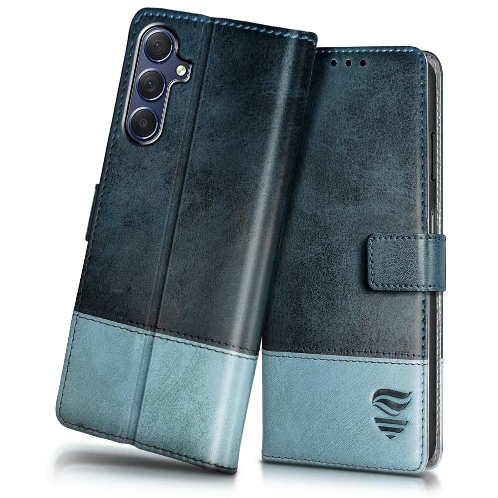 FLIPPED Vegan Leather Flip Case Back Cover for Samsung Galaxy M54 | F54 5G (Flexible, Shock Proof | Hand Stitched Leather Finish | Card Pockets Wallet & Stand | Blue with Aquamarine) (B0C628LWR1) Amazon Price History, Amazon Price Tracker