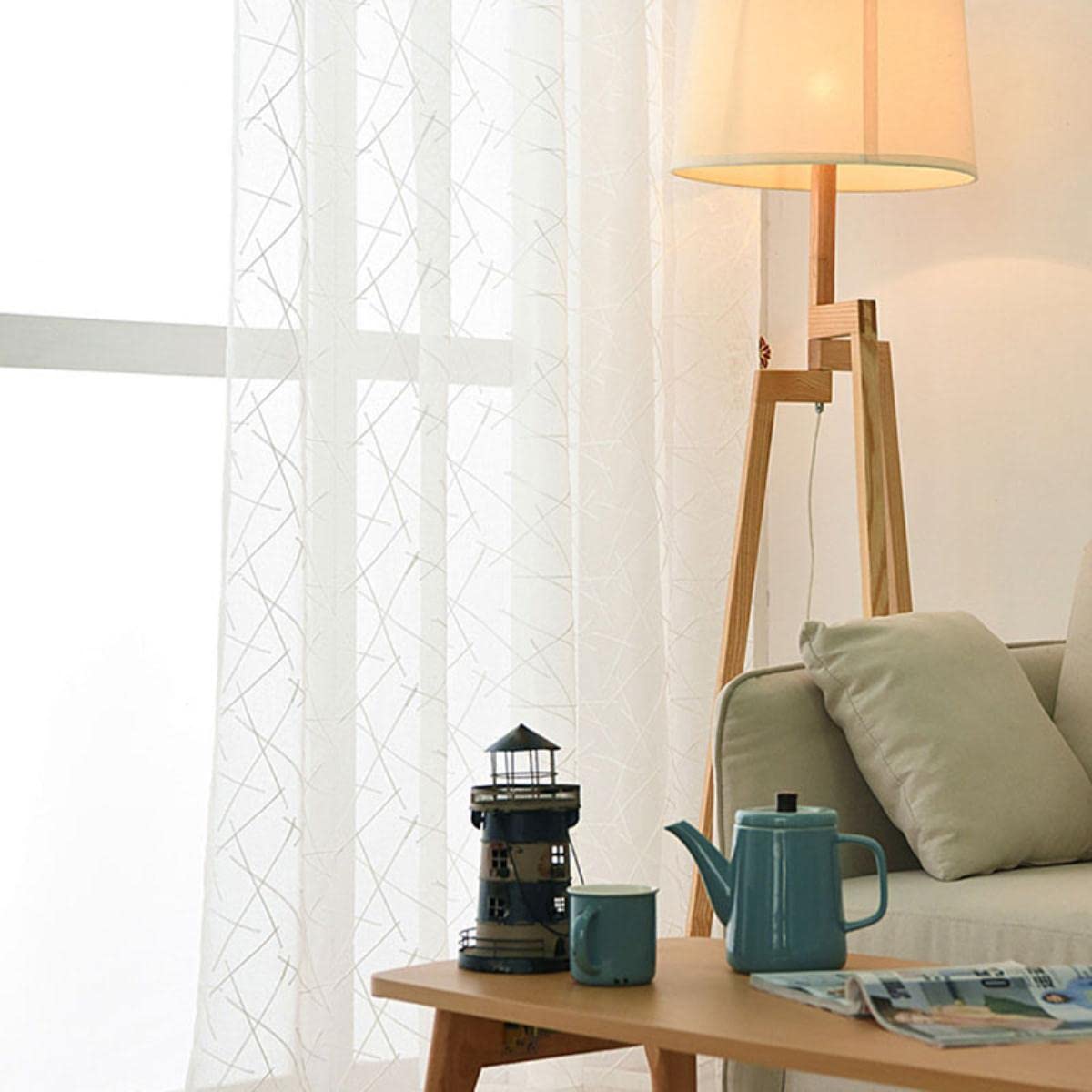 Blanc Broderie Tulle Fenêtre Rideaux pour Salon Géométrie Sheer Rideaux pour Chambre Voile Rideau Rideaux Aveugle Fini-Blanc,W400xL250cm 1pc,Ruban pour Crochets